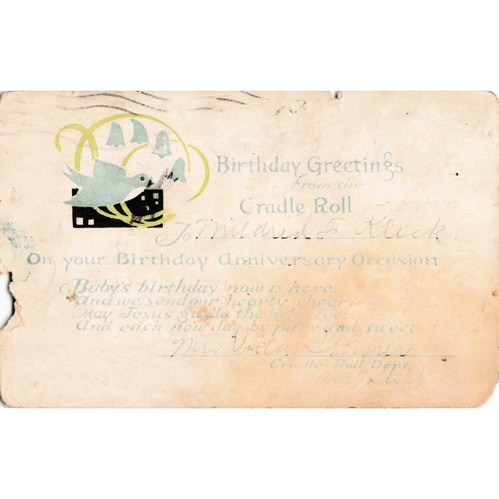 Vintage 1921 Cradle Roll Birthday Greetings Postcard Bluebird Massillon OH